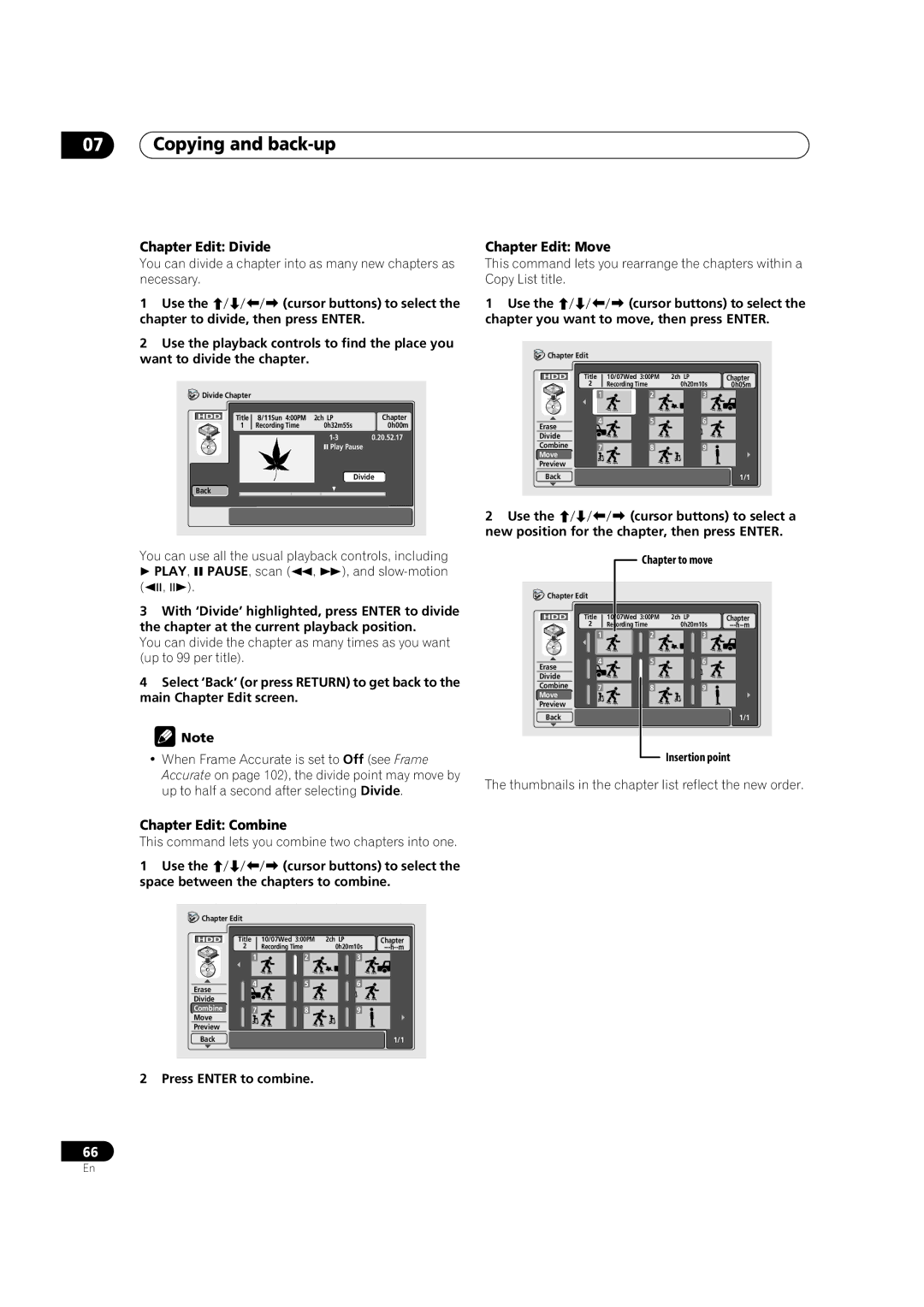 Pioneer DVR-420H Chapter Edit Divide, Chapter Edit Move, Chapter Edit Combine, Chapter you want to move, then press Enter 