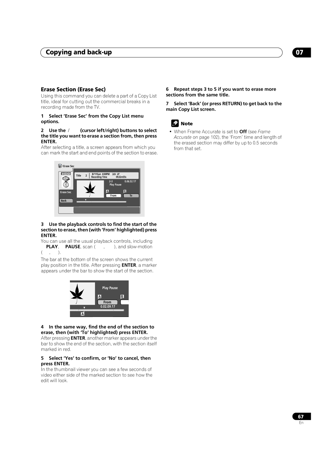 Pioneer DVR-420H manual Erase Section Erase Sec 