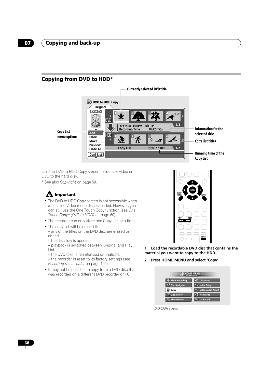 Pioneer DVR-420H manual Copying and back-up Copying from DVD to HDD, Currently selected DVD title, Running time Copy List 