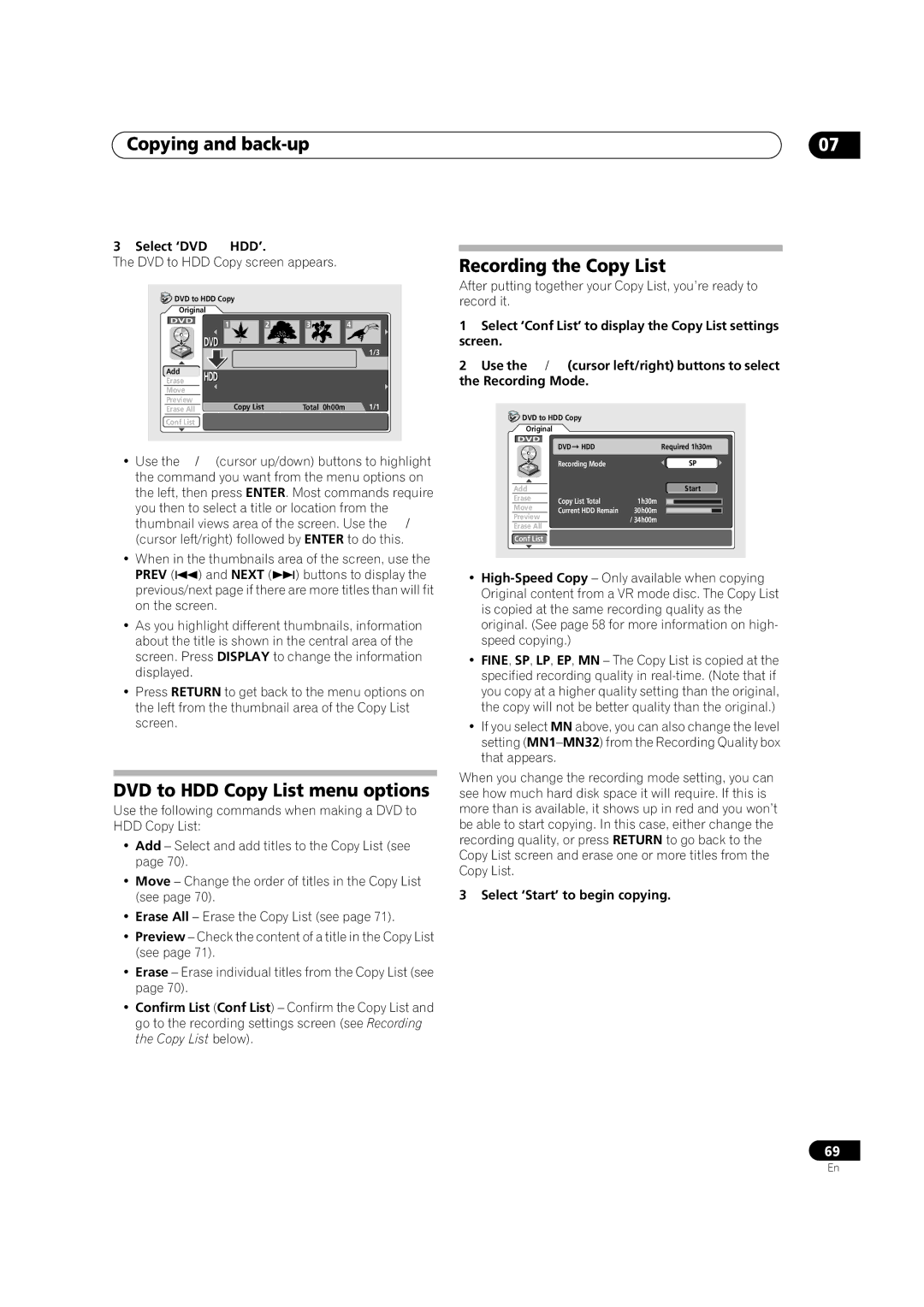 Pioneer DVR-420H manual DVD to HDD Copy List menu options, Select ‘DVD, DVD to HDD Copy screen appears 