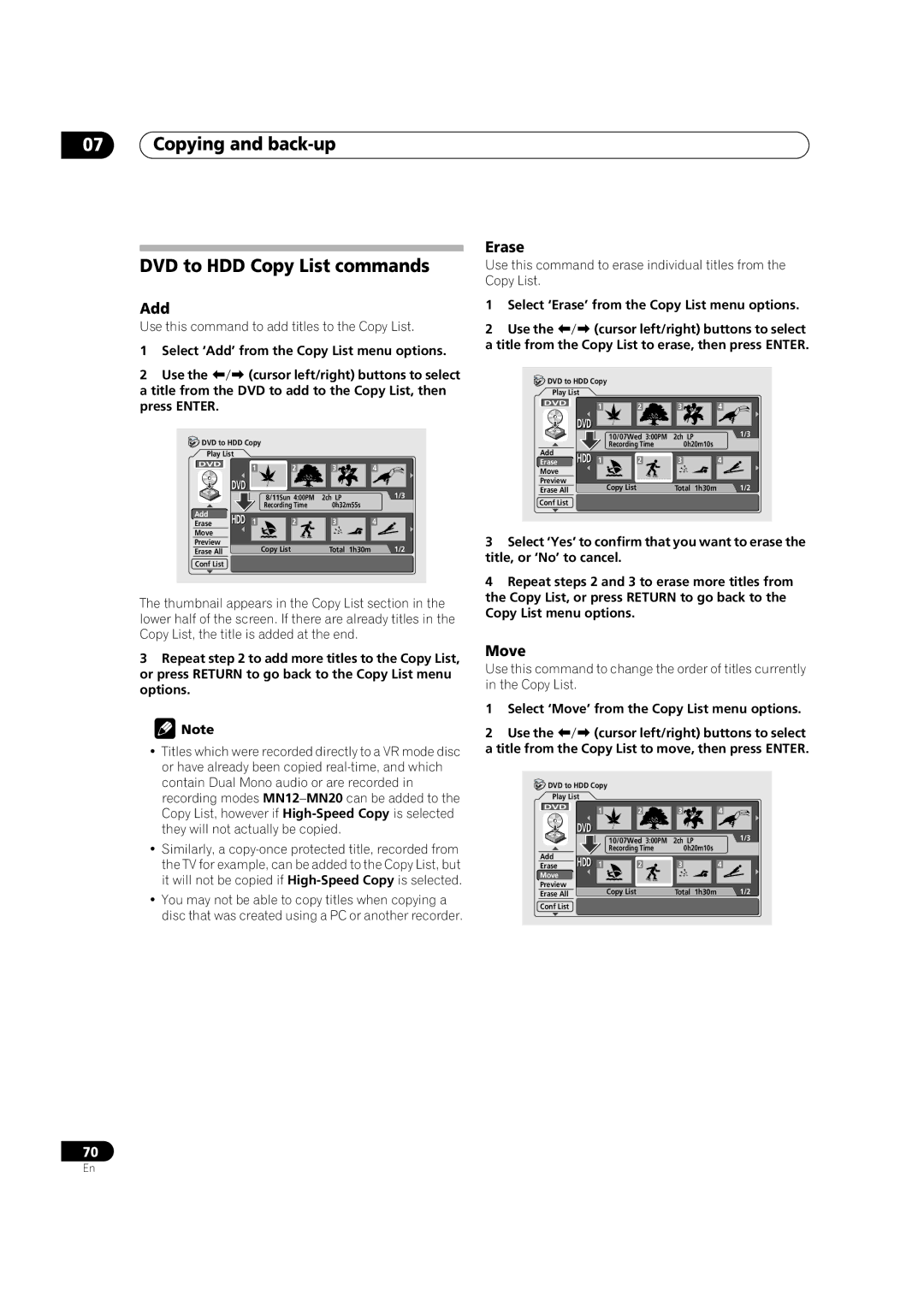 Pioneer DVR-420H manual Copying and back-up DVD to HDD Copy List commands, Add 