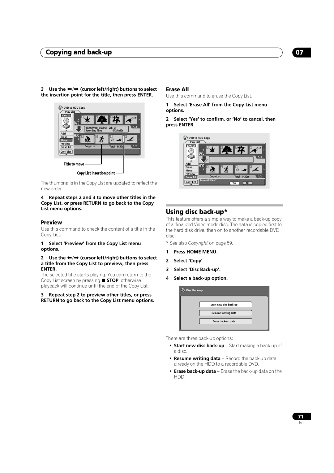 Pioneer DVR-420H manual Using disc back-up, Title to move Copy List insertion point, Hdd 