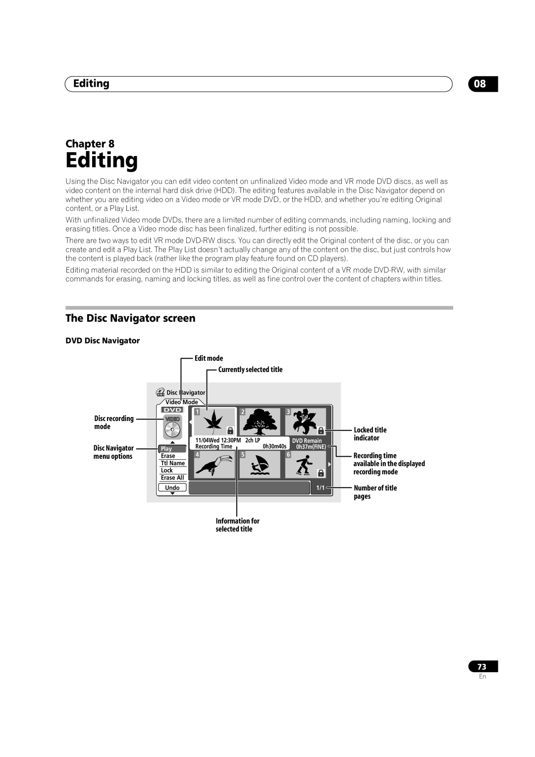 Pioneer DVR-420H manual Editing Chapter, Disc Navigator screen 