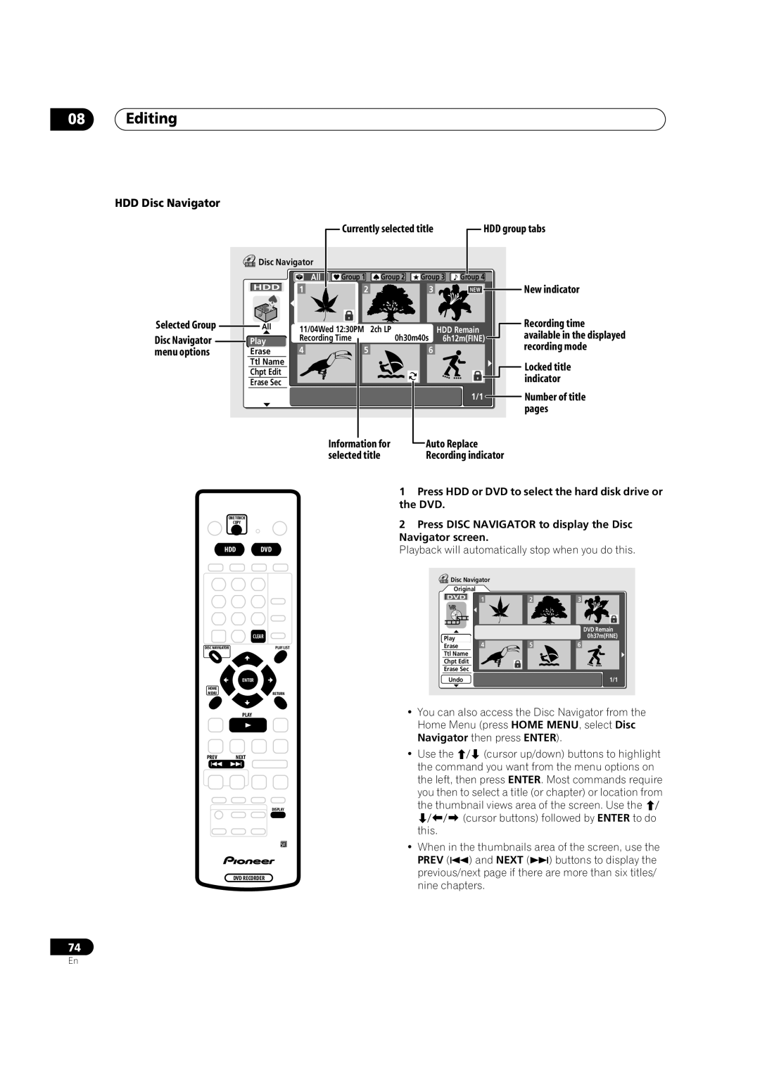 Pioneer DVR-420H manual Editing, HDD Disc Navigator, HDD group tabs, Auto Replace 