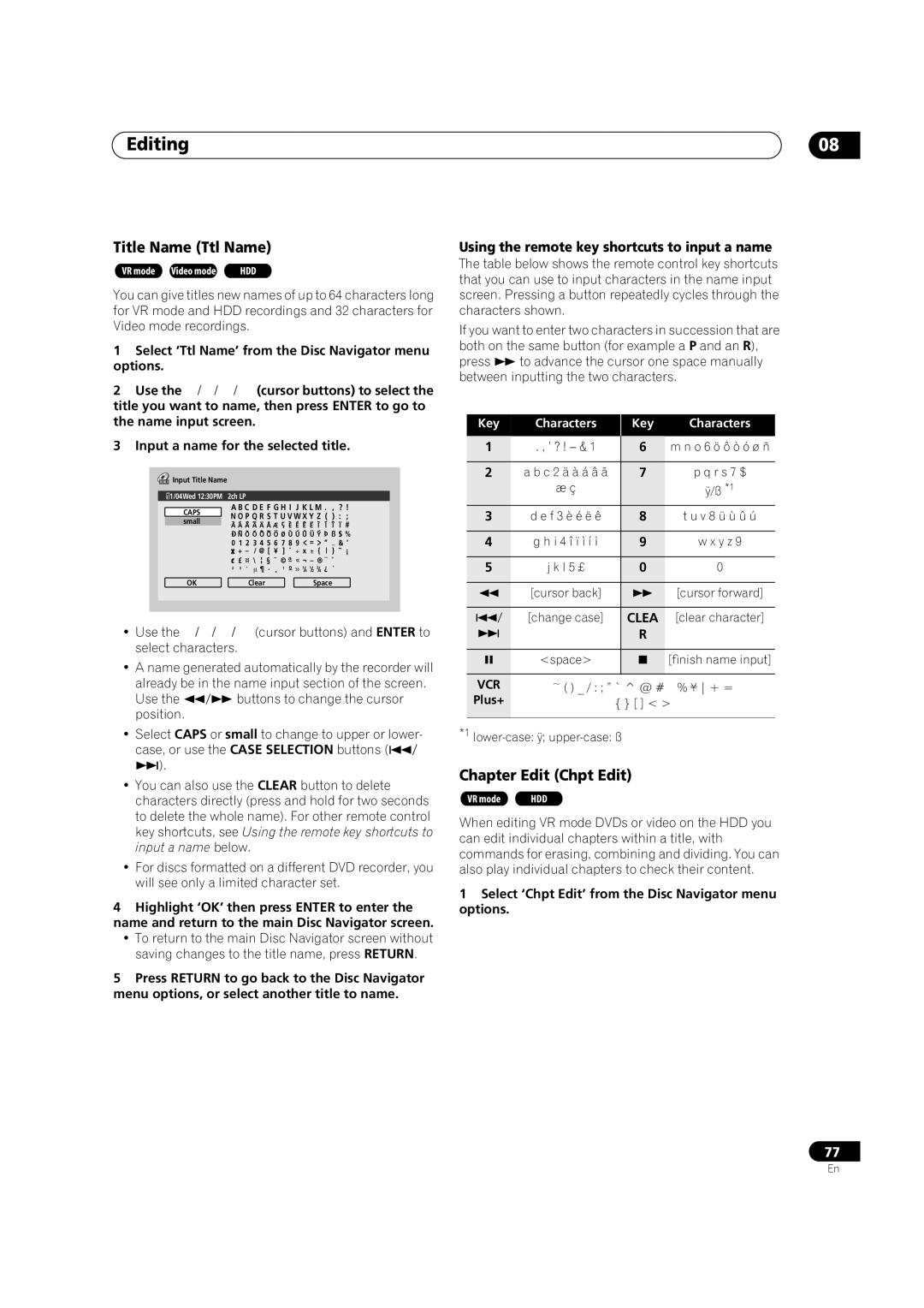 Pioneer DVR-420H manual Using the remote key shortcuts to input a name, Key Characters 