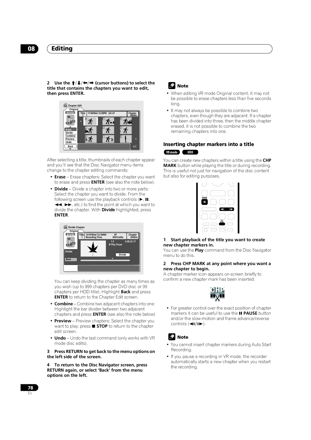 Pioneer DVR-420H manual Inserting chapter markers into a title, Start playback of the title you want to create 