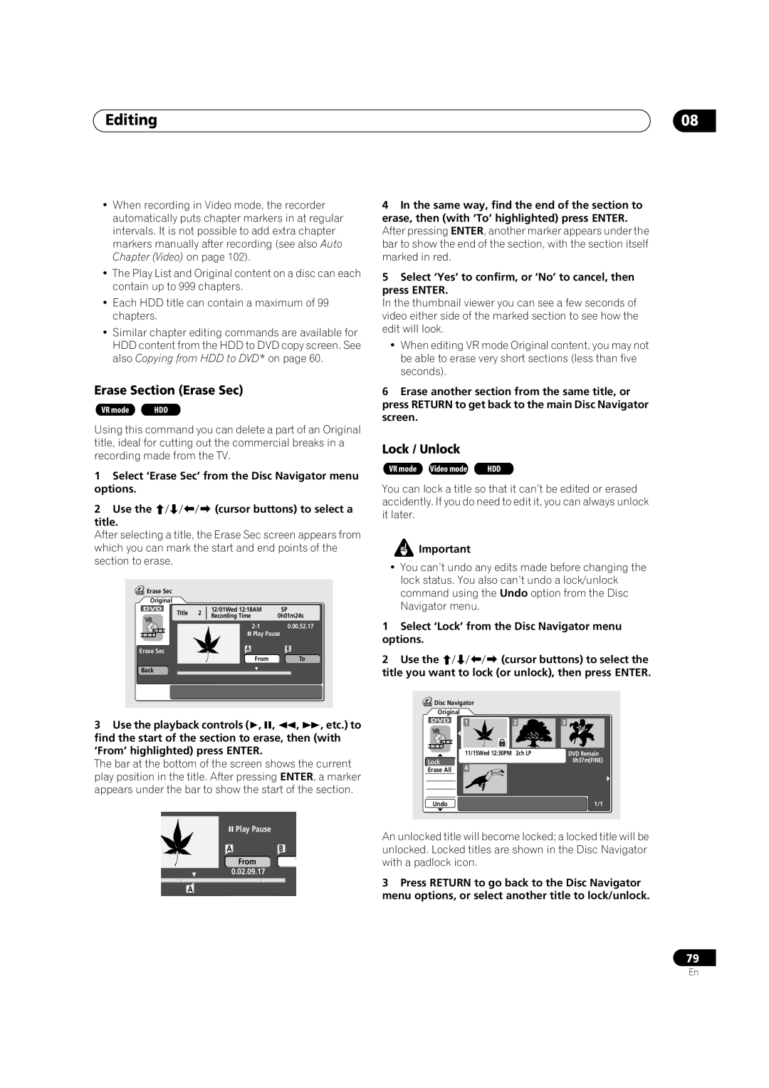 Pioneer DVR-420H manual Lock / Unlock, Select ‘Erase Sec’ from the Disc Navigator menu options Use, Title 