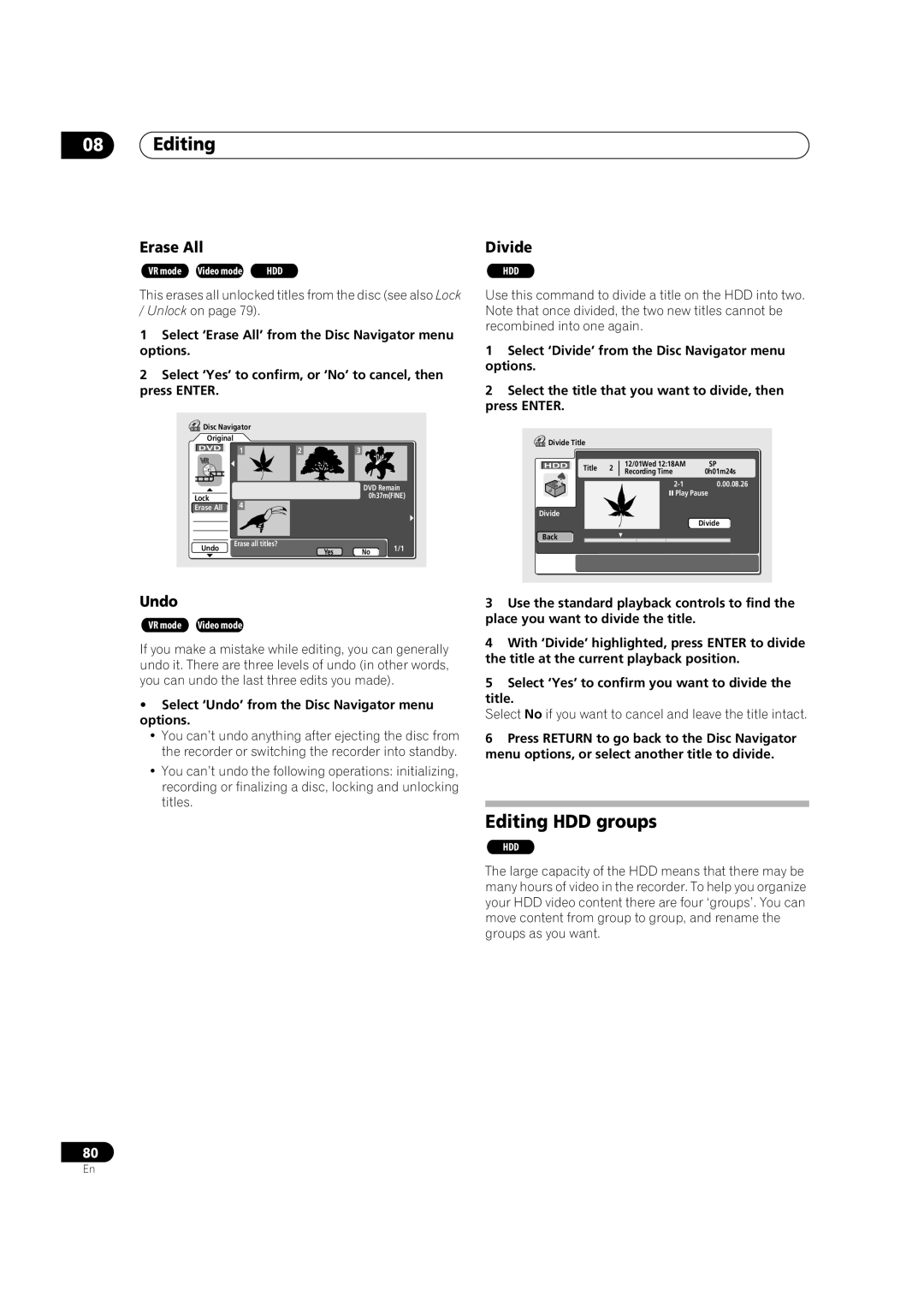 Pioneer DVR-420H manual Editing HDD groups, Select ‘Undo’ from the Disc Navigator menu options 