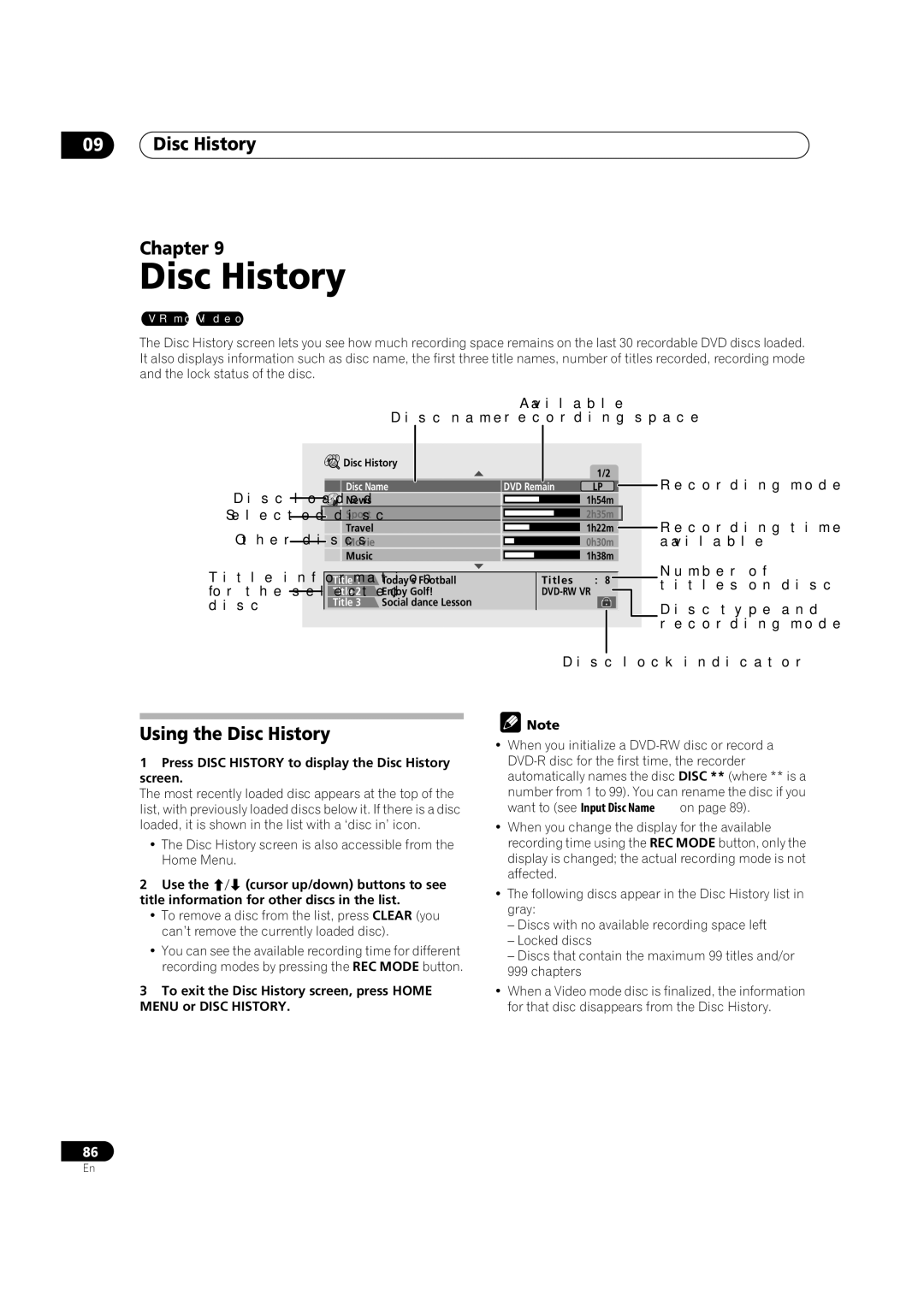 Pioneer DVR-420H manual Disc History Chapter, Using the Disc History 