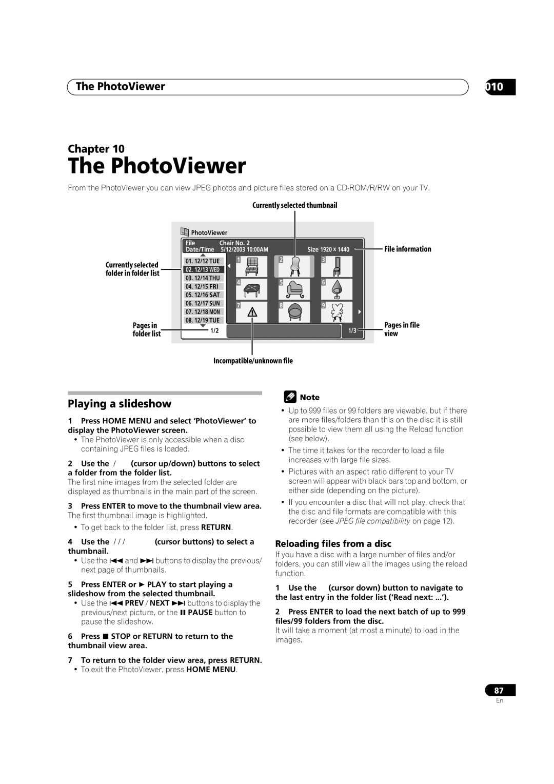 Pioneer DVR-420H manual PhotoViewer, Playing a slideshow, Reloading files from a disc 