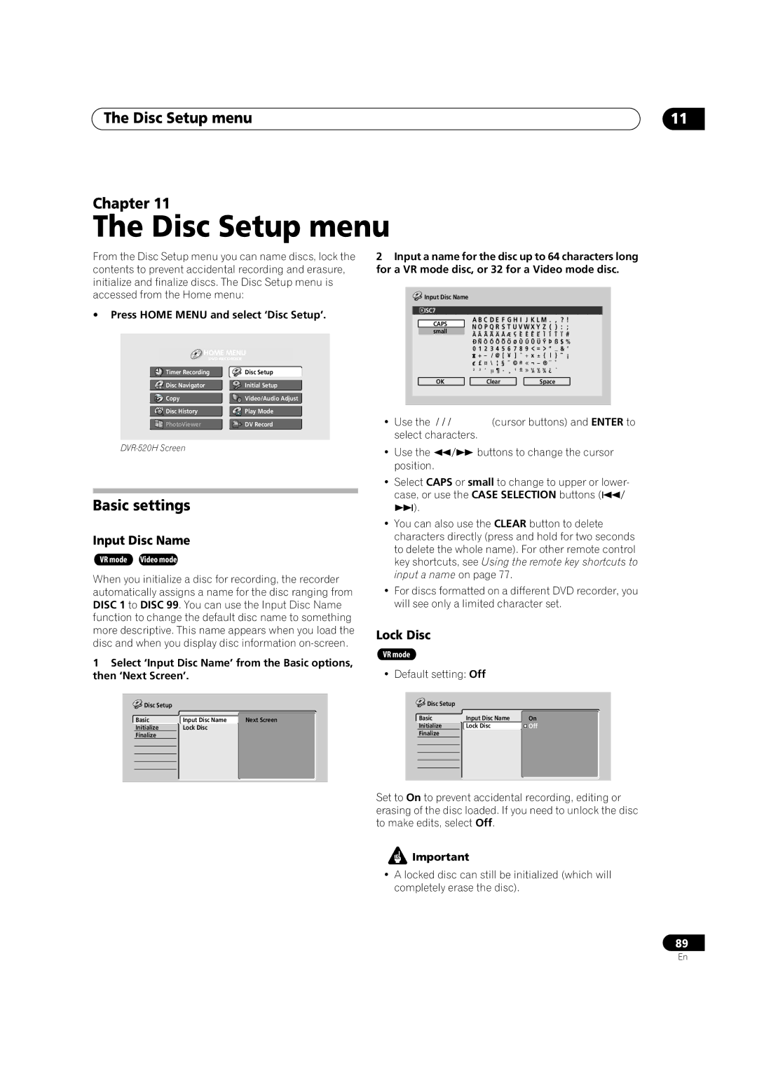 Pioneer DVR-420H manual Disc Setup menu Chapter, Basic settings, Input Disc Name, Lock Disc 