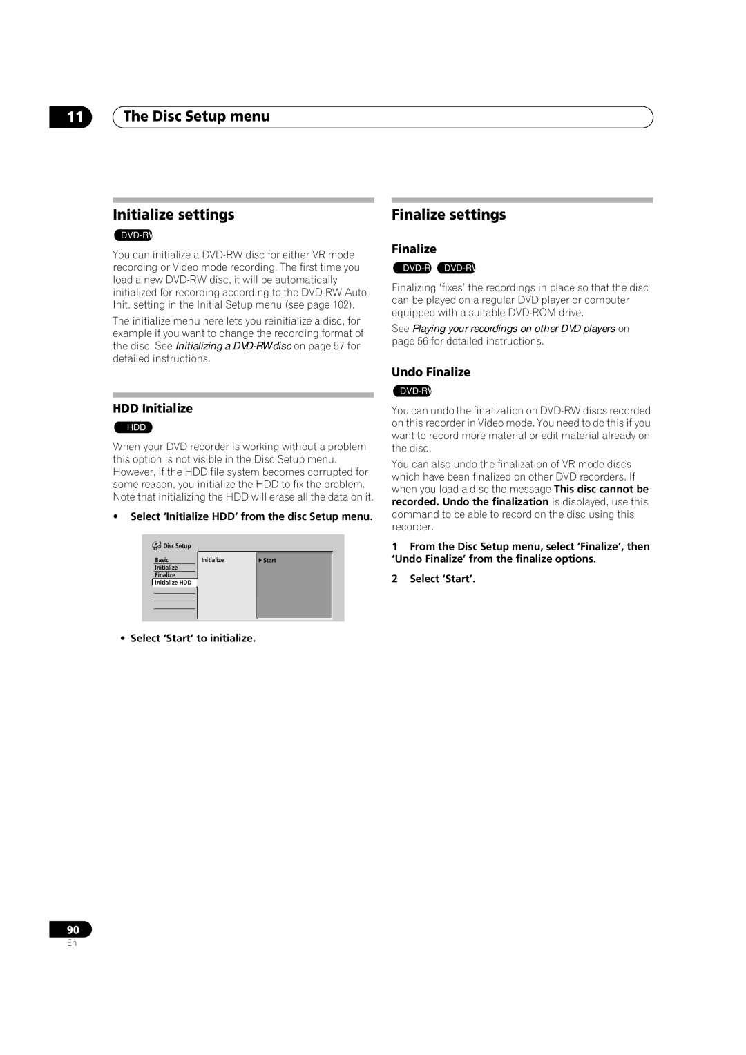 Pioneer DVR-420H manual Disc Setup menu Initialize settings, Finalize settings, HDD Initialize, Undo Finalize 