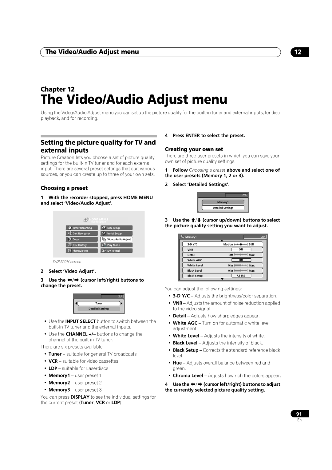 Pioneer DVR-420H manual Video/Audio Adjust menu Chapter, Setting the picture quality for TV and external inputs 