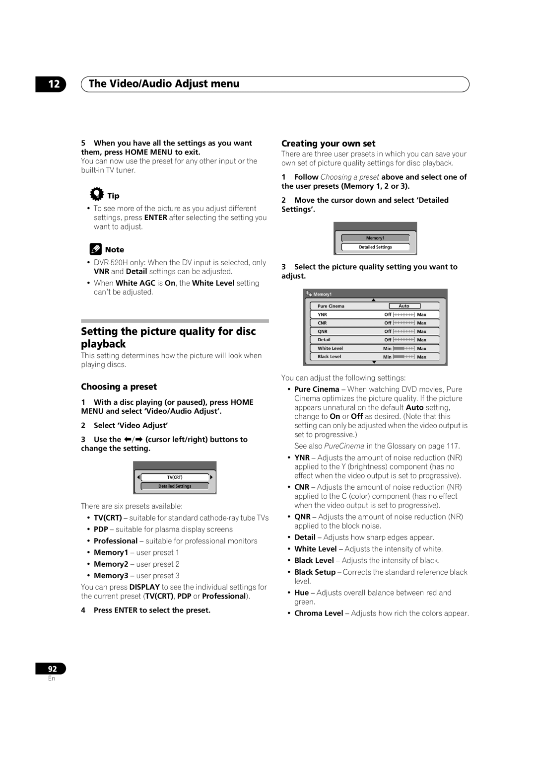 Pioneer DVR-420H manual Video/Audio Adjust menu, Setting the picture quality for disc playback 