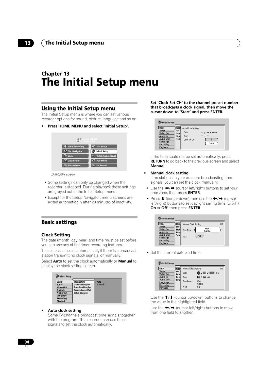 Pioneer DVR-420H manual Initial Setup menu Chapter, Using the Initial Setup menu, Clock Setting 