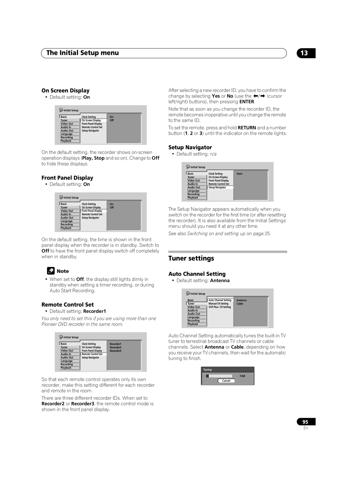 Pioneer DVR-420H manual Initial Setup menu, Tuner settings 