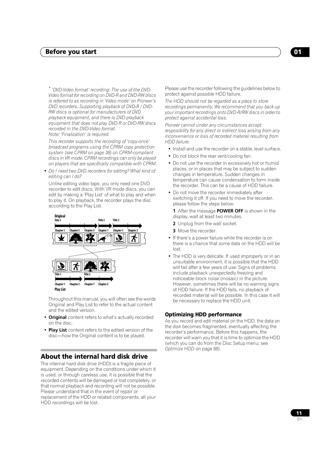 Pioneer DVR-433H-K, DVR-433H-S manual About the internal hard disk drive, Optimizing HDD performance 