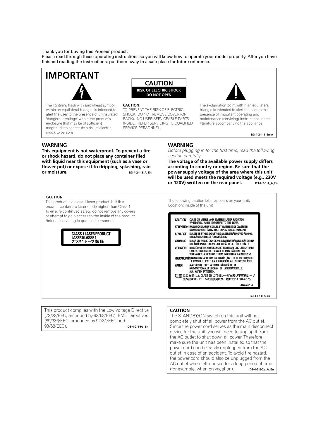 Pioneer DVR-433H-S, DVR-433H-K manual Risk of Electric Shock Do not Open 