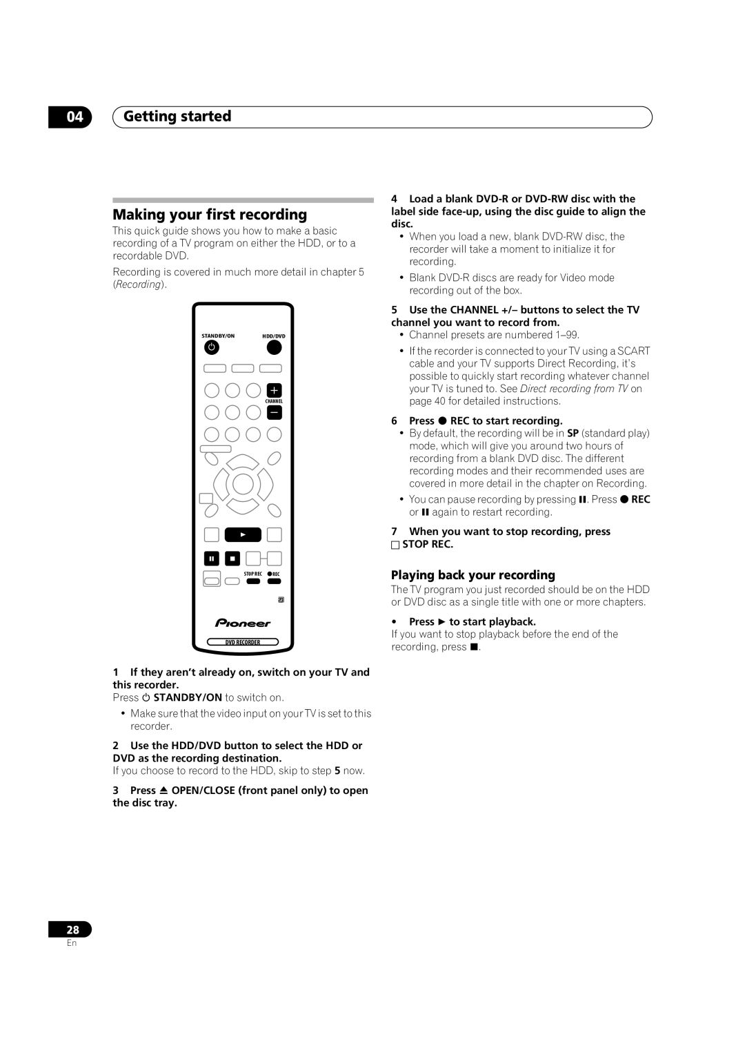 Pioneer DVR-433H-S Getting started Making your first recording, Playing back your recording, Press REC to start recording 