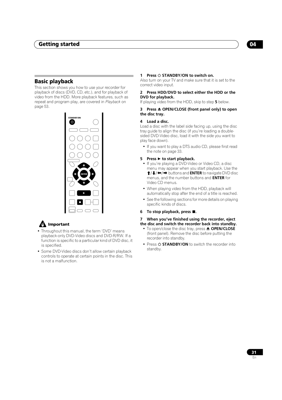 Pioneer DVR-433H-K, DVR-433H-S manual Getting started Basic playback, Press STANDBY/ON to switch on, To stop playback, press 