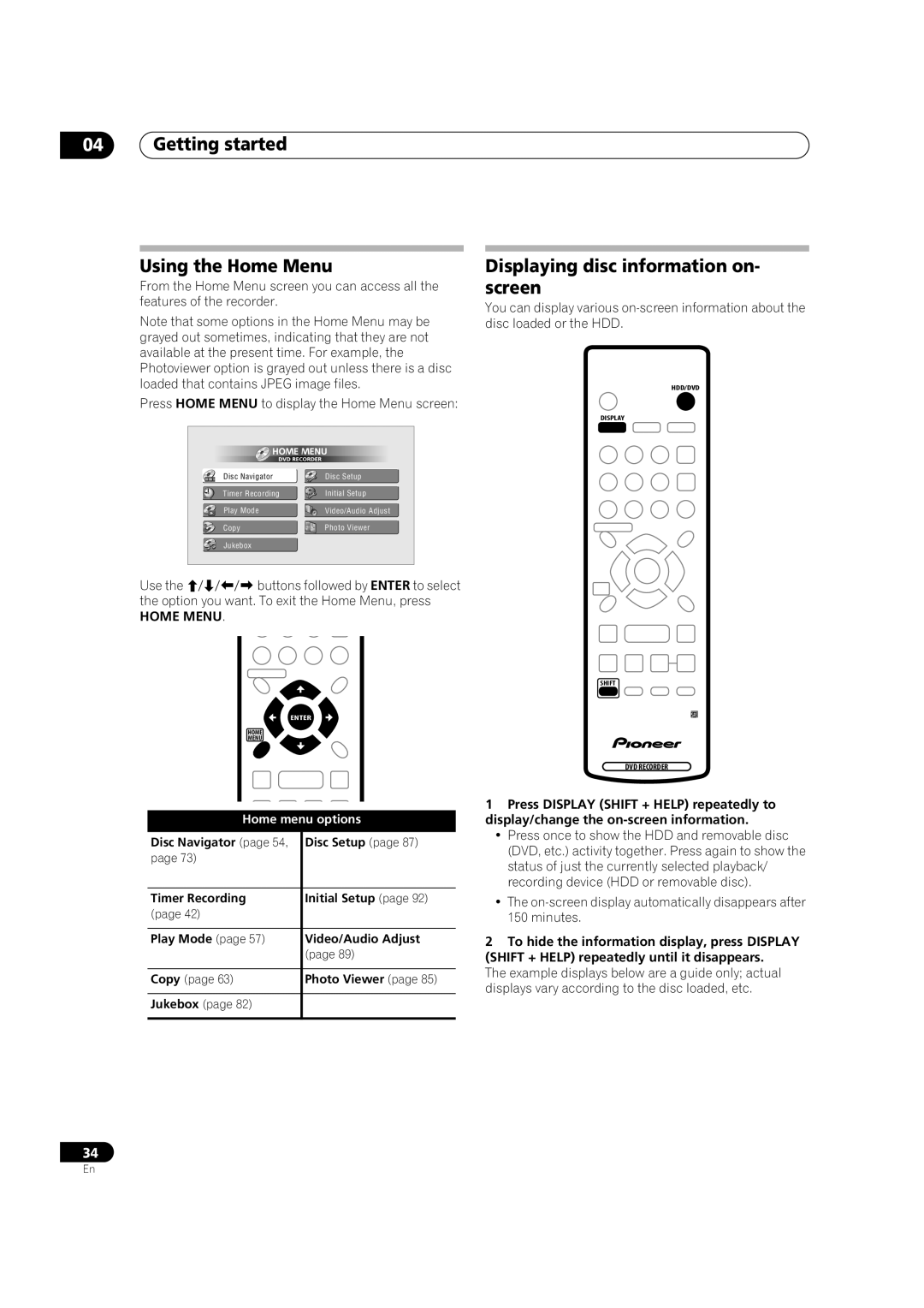 Pioneer DVR-433H-S manual Getting started Using the Home Menu, Displaying disc information on- screen, Home menu options 