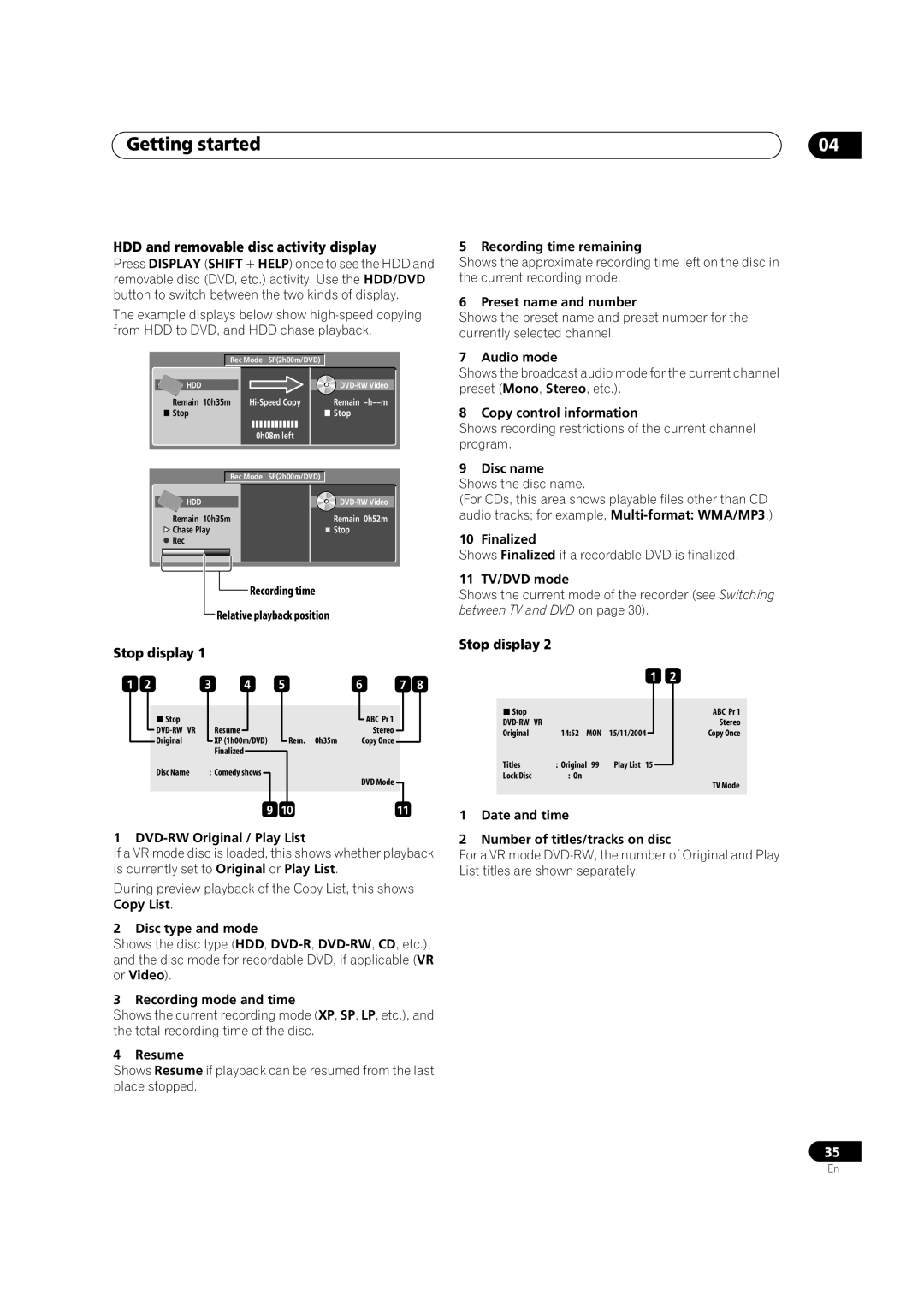 Pioneer DVR-433H-K, DVR-433H-S manual HDD and removable disc activity display, Stop display 