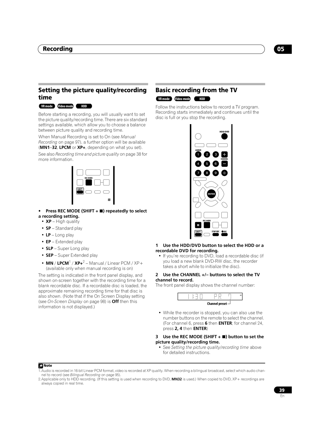 Pioneer DVR-433H-K, DVR-433H-S manual Recording Setting the picture quality/recording time, Basic recording from the TV 