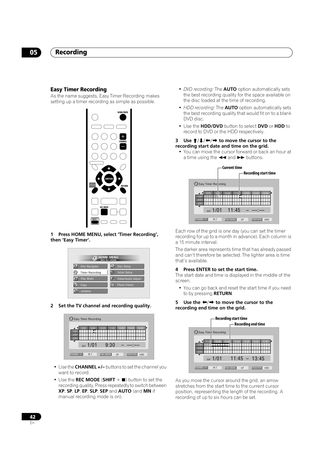 Pioneer DVR-433H-S manual Easy Timer Recording, Set the TV channel and recording quality, Current time Recording start time 