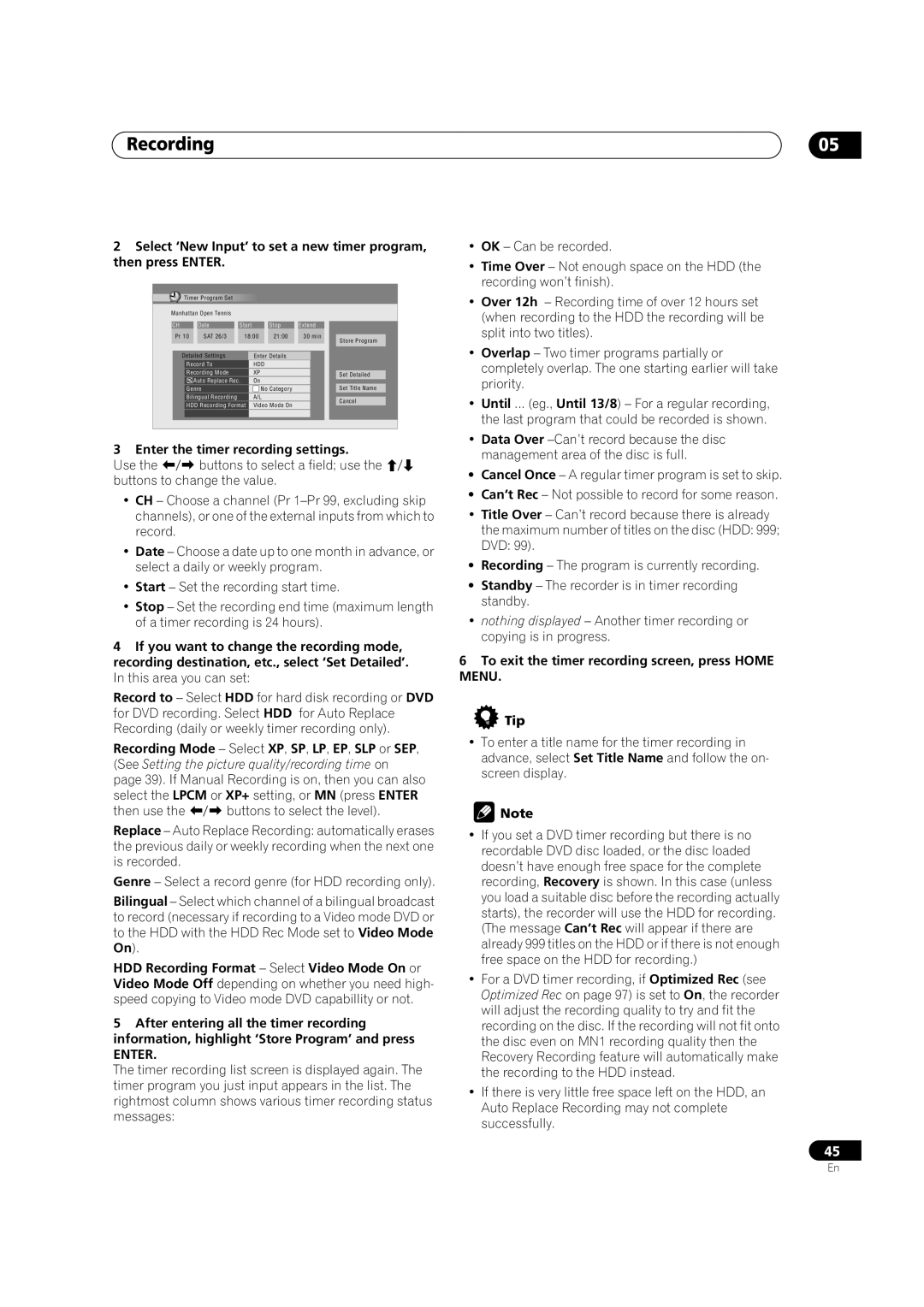 Pioneer DVR-433H-K, DVR-433H-S Enter the timer recording settings, To exit the timer recording screen, press Home Menu Tip 