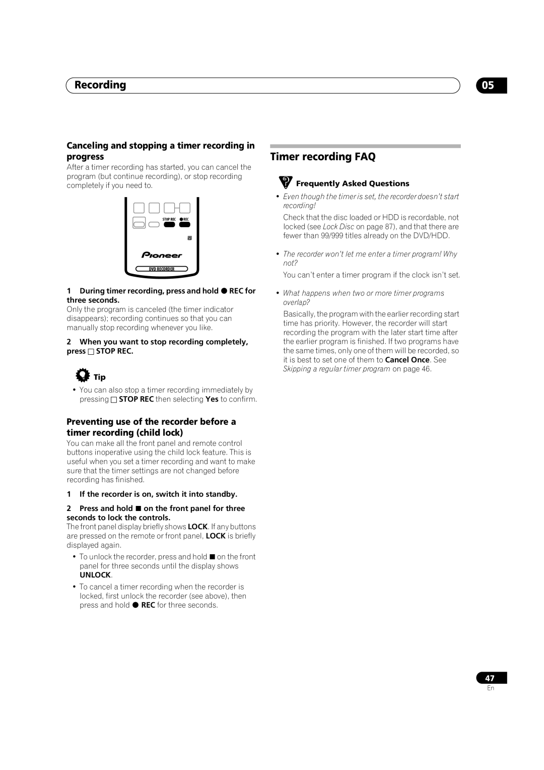 Pioneer DVR-433H-K, DVR-433H-S manual Timer recording FAQ, Canceling and stopping a timer recording in progress, Unlock 