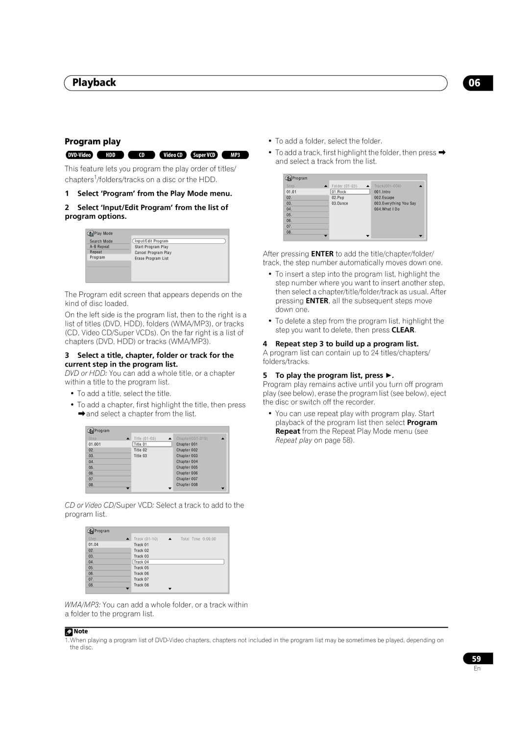 Pioneer DVR-433H-K, DVR-433H-S manual Program play, Repeat to build up a program list, To play the program list, press 