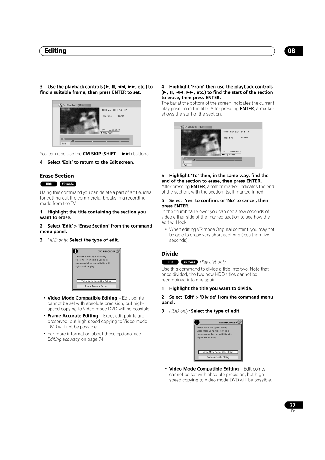 Pioneer DVR-433H-K, DVR-433H-S You can also use the CM Skip Shift + Buttons, Select ‘Exit’ to return to the Edit screen 