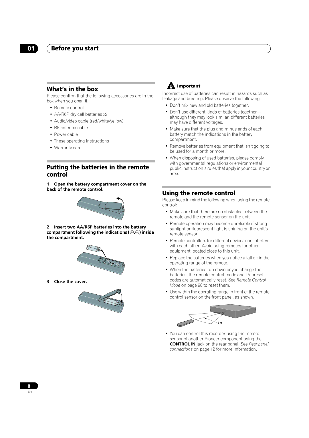 Pioneer DVR-433H-S, DVR-433H-K manual Before you start What’s in the box, Putting the batteries in the remote control 