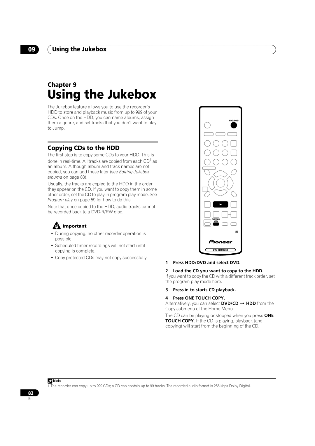 Pioneer DVR-433H-S Using the Jukebox Chapter, Copying CDs to the HDD, Press to starts CD playback Press ONE Touch Copy 