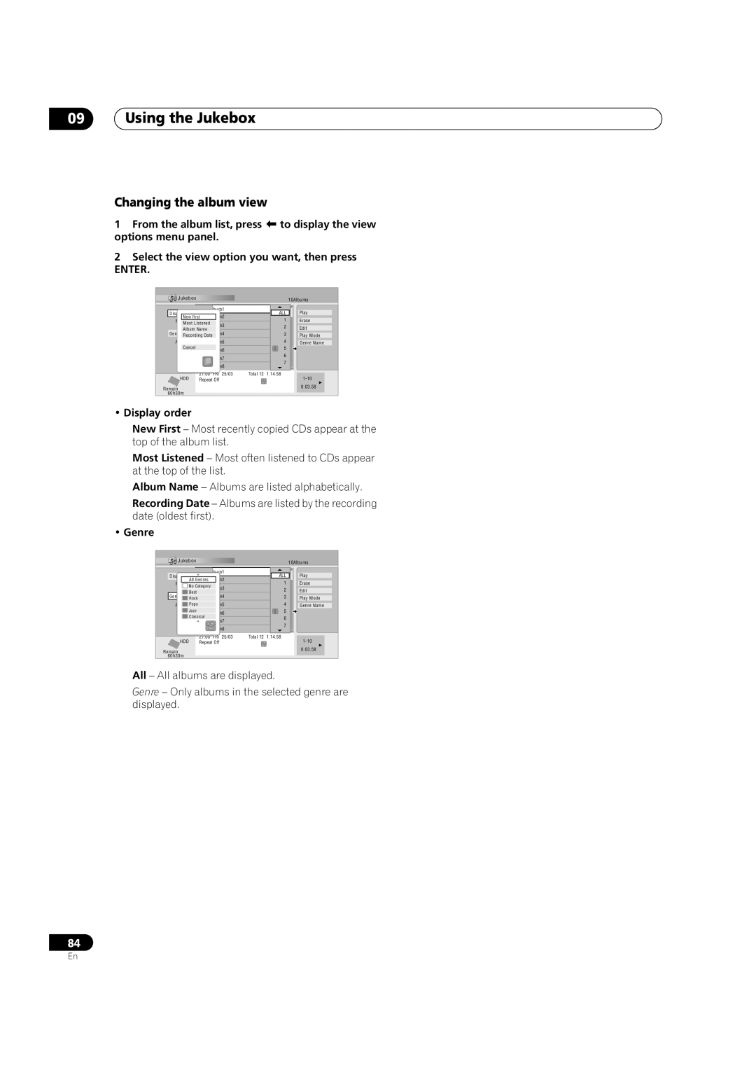 Pioneer DVR-433H-S, DVR-433H-K manual Using the Jukebox, Changing the album view, Display order, Genre 