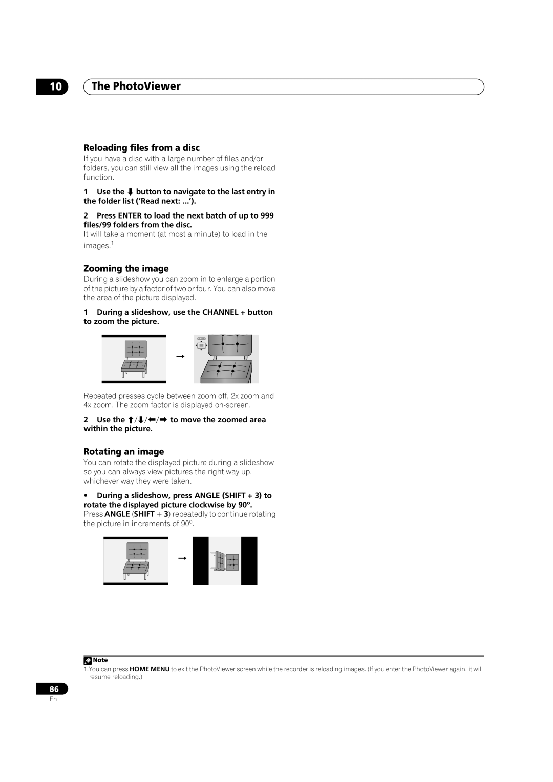 Pioneer DVR-433H-S PhotoViewer, Reloading files from a disc, Zooming the image, Rotating an image, Within the picture 