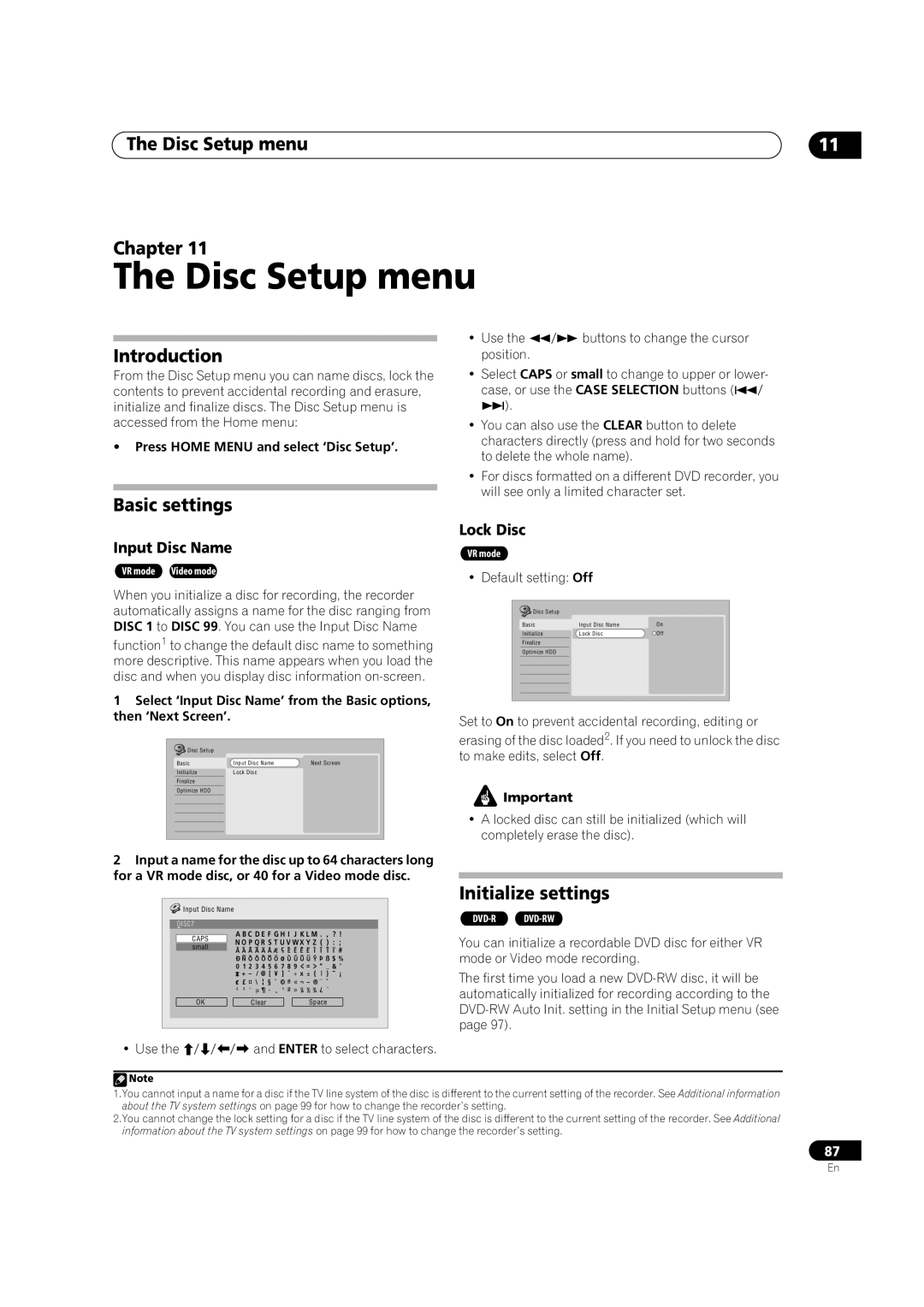 Pioneer DVR-433H-K, DVR-433H-S manual Disc Setup menu Chapter, Basic settings, Initialize settings 