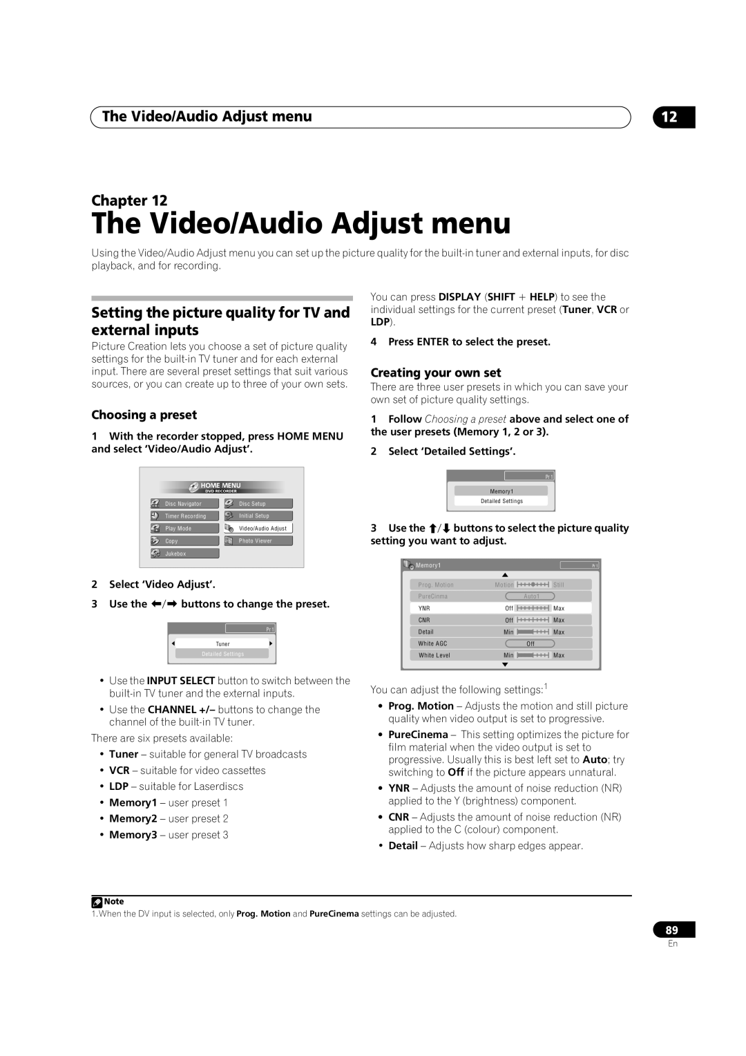 Pioneer DVR-433H-K, DVR-433H-S Video/Audio Adjust menu Chapter, Setting the picture quality for TV and external inputs 