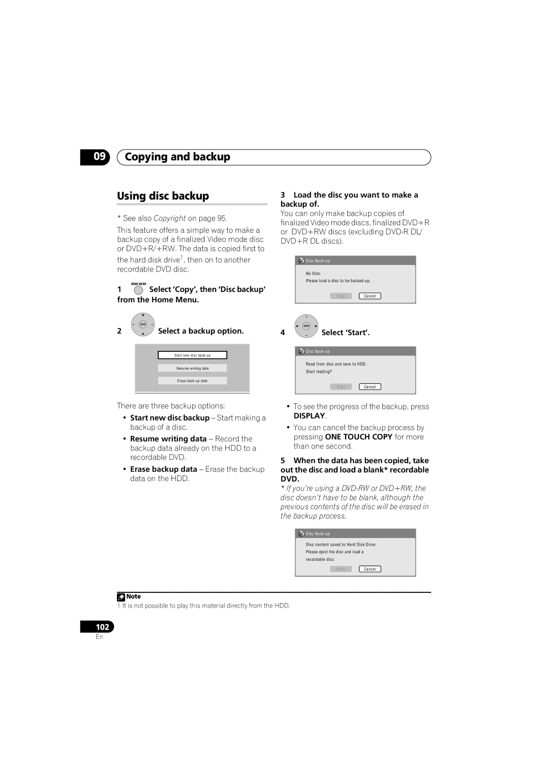 Pioneer DVR-440H-S Copying and backup Using disc backup, Select ‘Copy’, then ‘Disc backup’ from the Home Menu, Display 