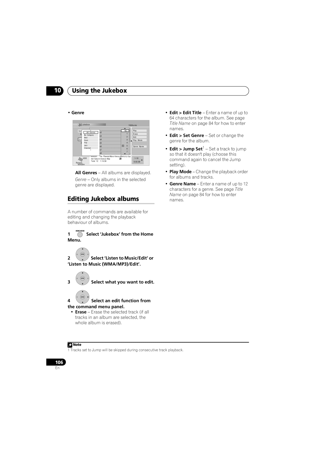 Pioneer DVR-440H-S manual Using the Jukebox, Editing Jukebox albums, Genre, Select what you want to edit 