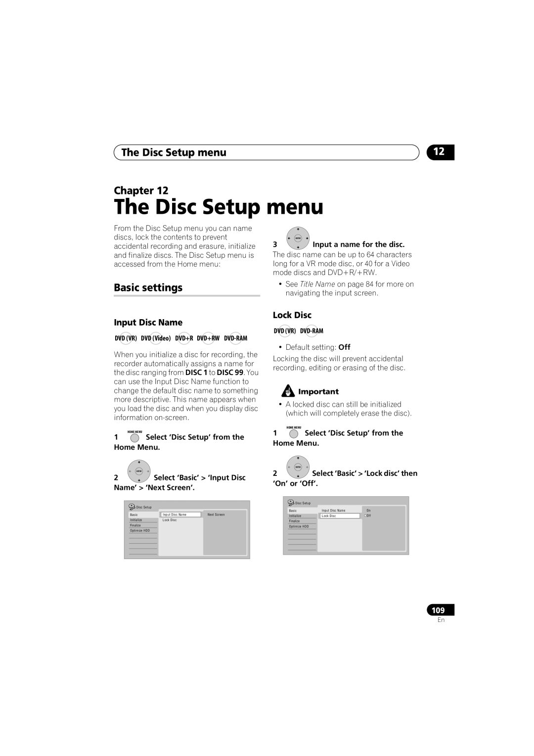 Pioneer DVR-440H-S manual Disc Setup menu Chapter, Basic settings, Input Disc Name, Lock Disc 