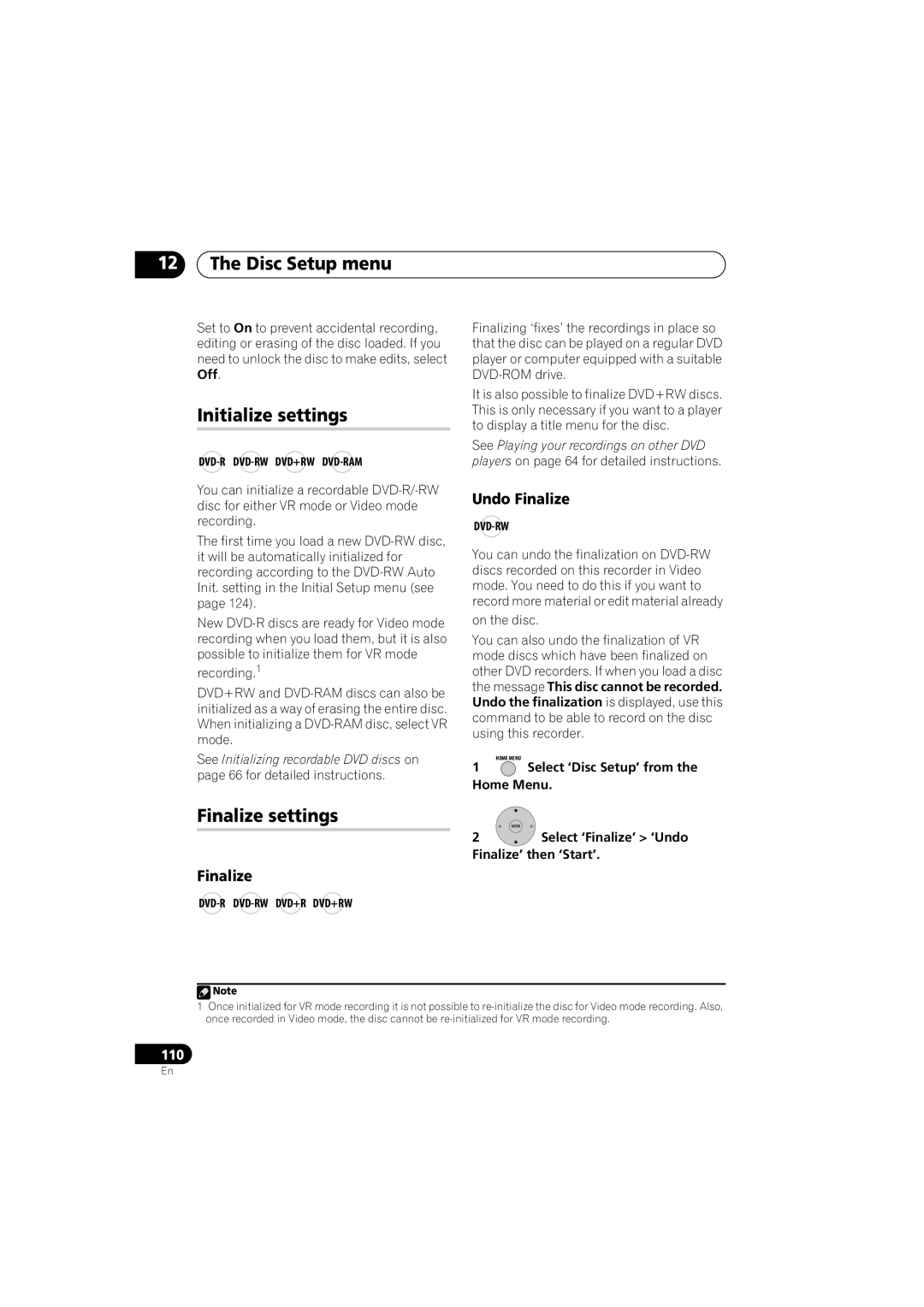 Pioneer DVR-440H-S manual Disc Setup menu, Initialize settings, Finalize settings, Undo Finalize 