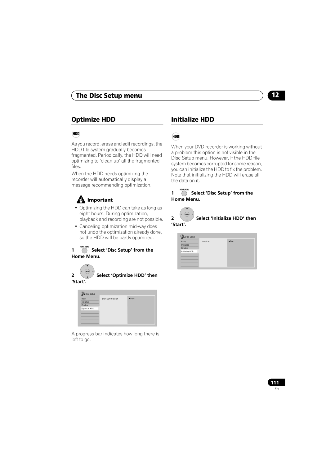 Pioneer DVR-440H-S manual Disc Setup menu Optimize HDD, Initialize HDD, Select ‘Optimize HDD’ then ‘Start’ 