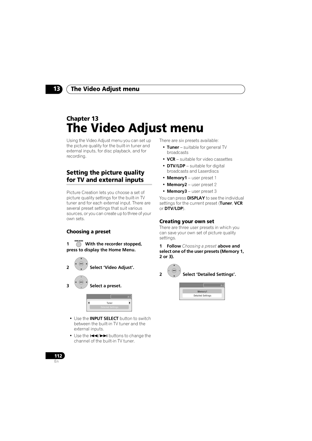 Pioneer DVR-440H-S manual Video Adjust menu Chapter, Setting the picture quality for TV and external inputs 