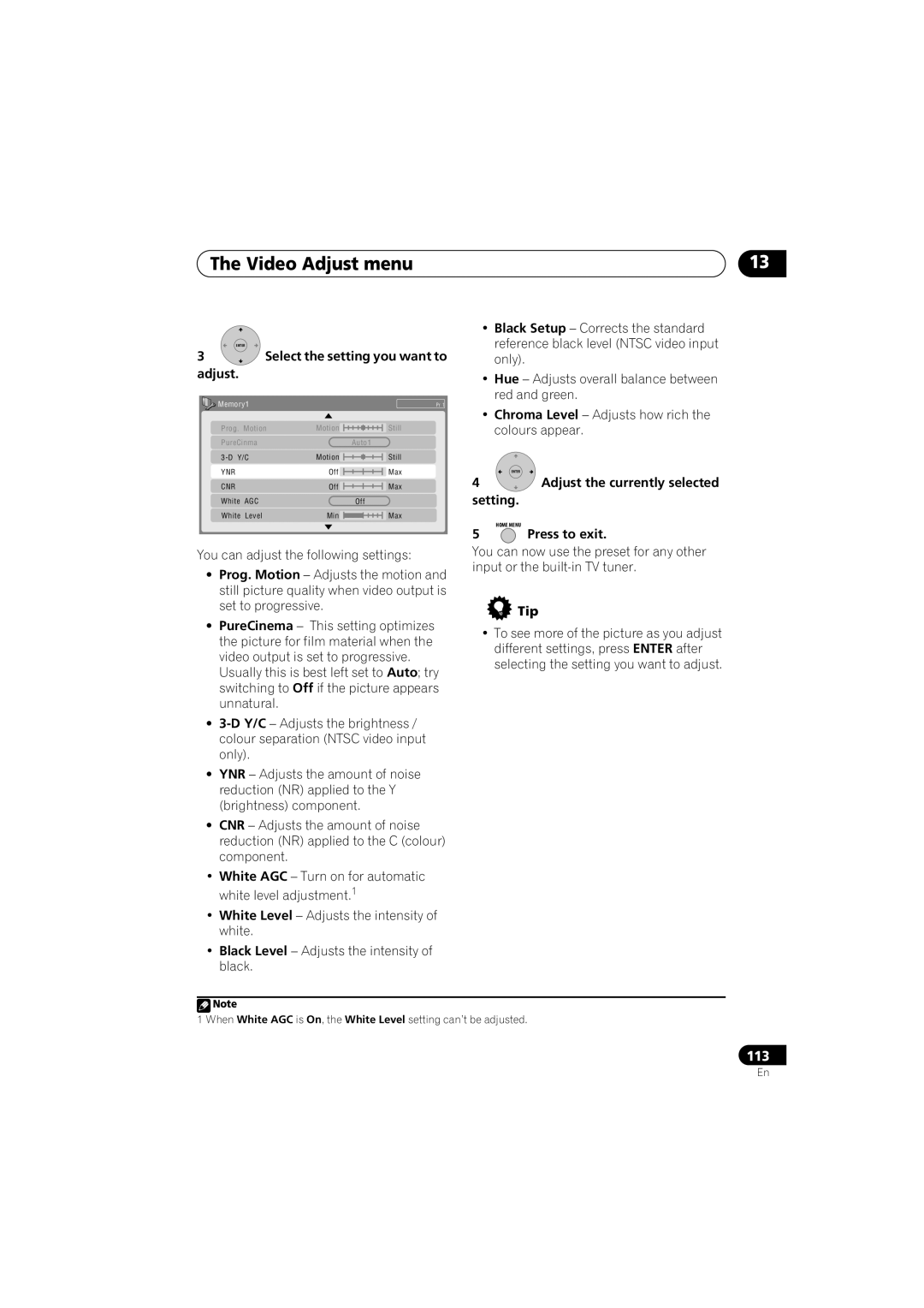 Pioneer DVR-440H-S manual Video Adjust menu, Select the setting you want to Adjust, Adjust the currently selected Setting 