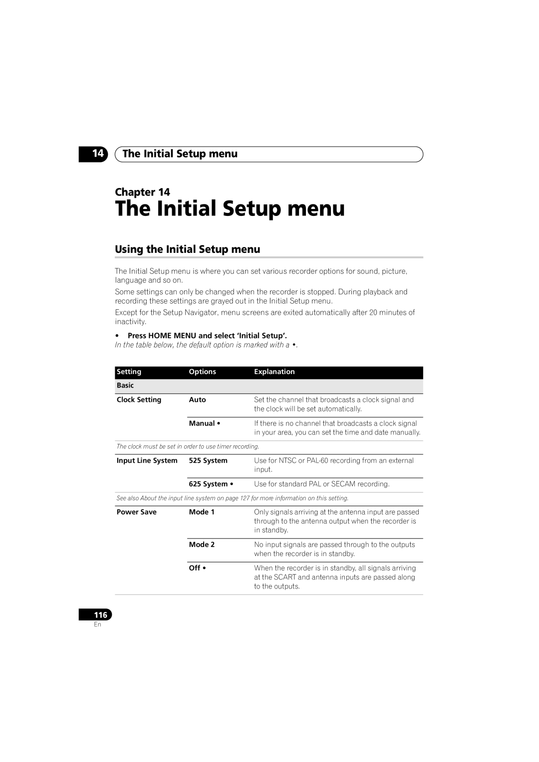 Pioneer DVR-440H-S manual Initial Setup menu Chapter, Using the Initial Setup menu, Setting Options Explanation 