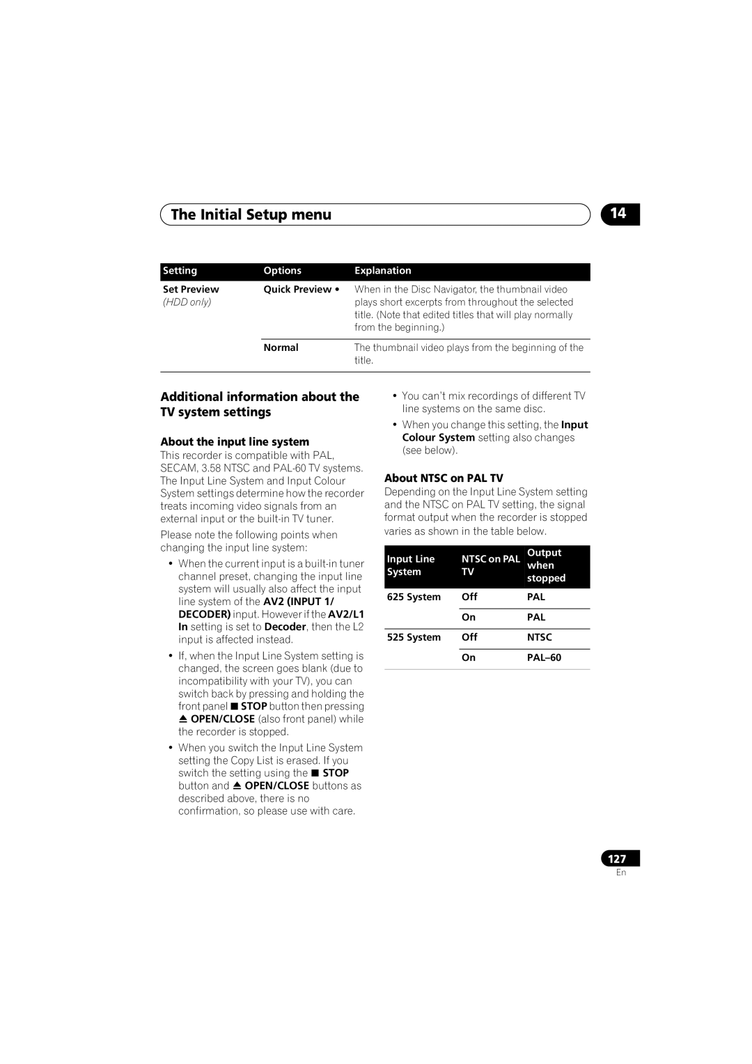 Pioneer DVR-440H-S Additional information about the TV system settings, About the input line system, About Ntsc on PAL TV 