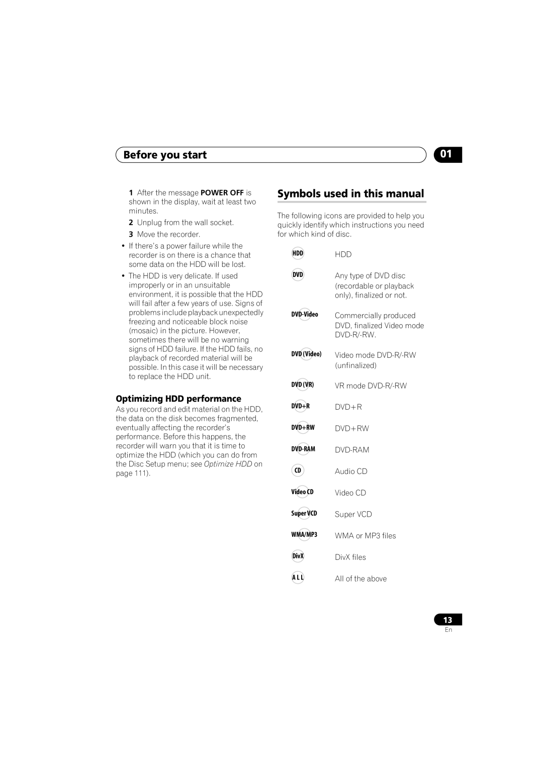 Pioneer DVR-440H-S Symbols used in this manual, Optimizing HDD performance 