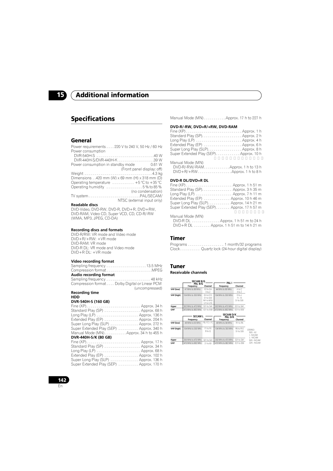 Pioneer DVR-440H-S manual Additional information Specifications, Timer, Tuner 