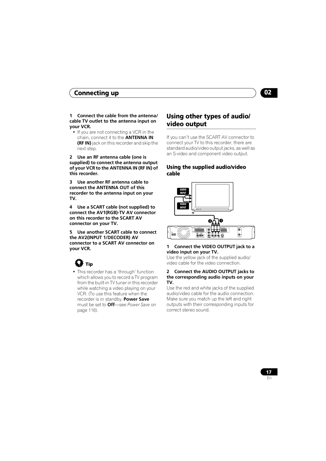 Pioneer DVR-440H-S manual Connecting up, Using other types of audio/ video output, Using the supplied audio/video cable 